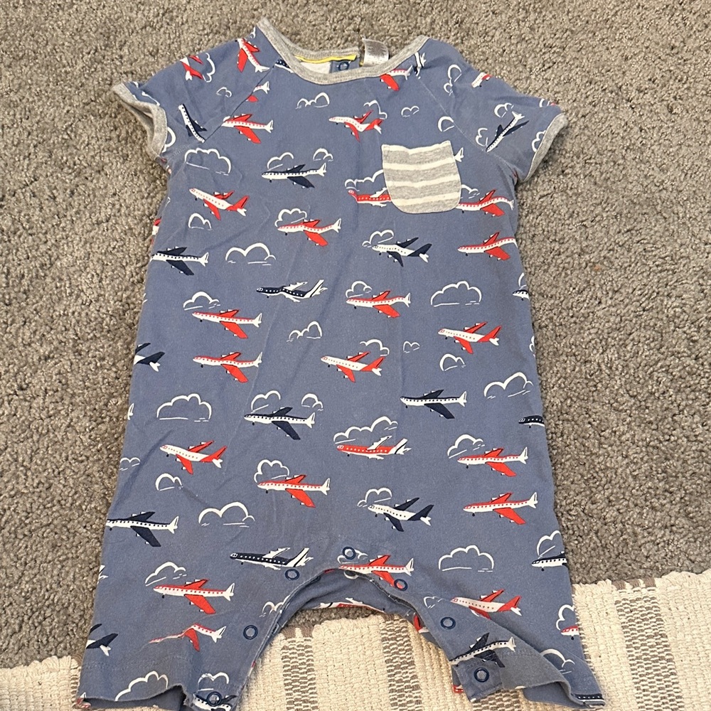 Baby Boden Blue Airplane Romper with Striped Pocket